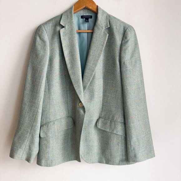 Land's End Blue Plaid Wool Silk Linen Blend Blazer 12 - Picture 2 of 7